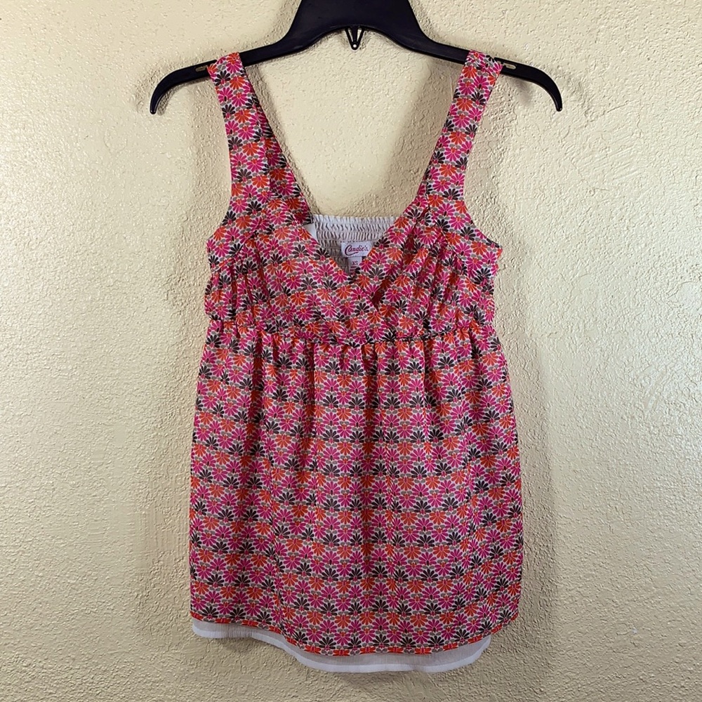 Candie's Top Blouse Sheer Floral Pink Red XS